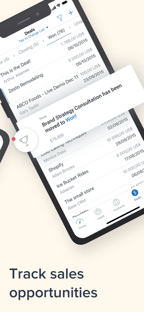 Zendesk Sell app interface showing a list of tracked sales opportunities and a notification for a won deal