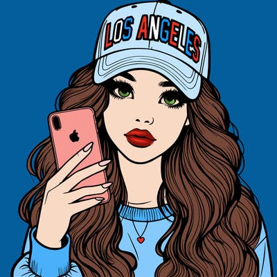 realistic beautiful girl wearing los ángeles cap holding an iphone