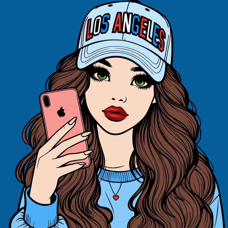 realistic beautiful girl wearing los ángeles cap holding an iphone