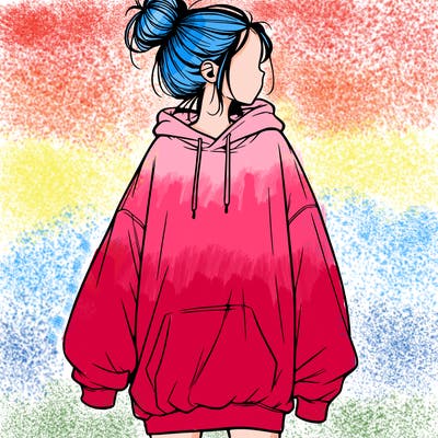 realistic girl with a oversized sweatshirt on and a bun