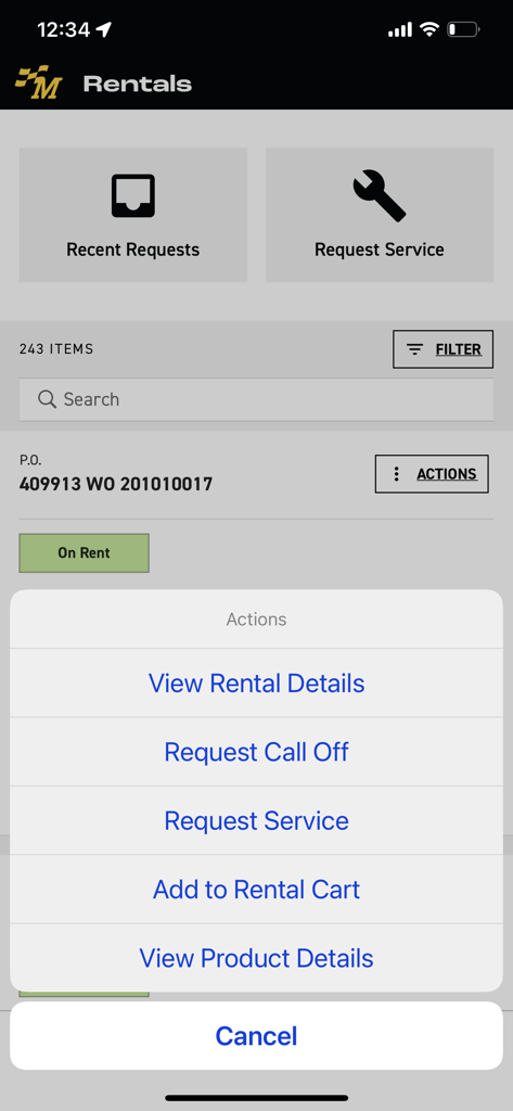 MacOne - Interfaz de la aplicación MacOne que muestra un menú de acciones para gestionar alquileres de equipo pesado y solicitar servicio.