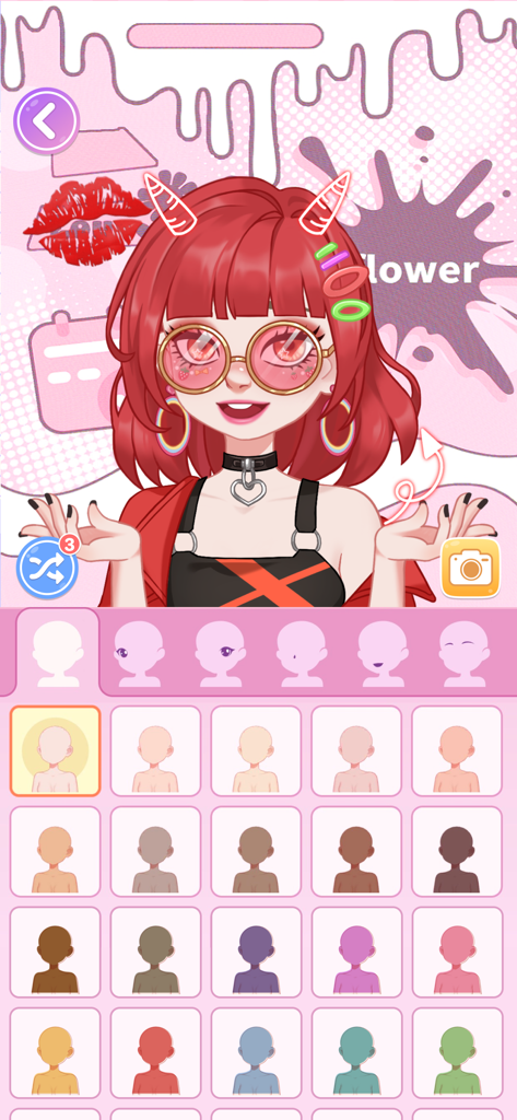 Doll Avatar Maker: Design - Doll Avatar Maker app interface showing a character with red hair and various skin tone customization options.