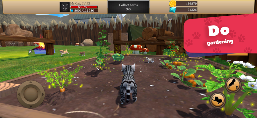 Cat Simulator 3D - Animal Life - A 3D cat character in a vegetable garden participating in a gardening task in the app