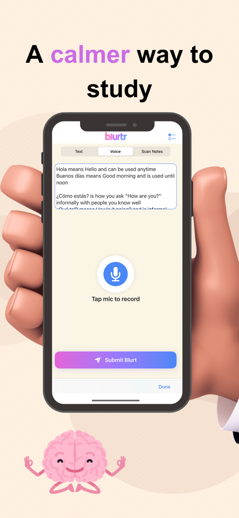 Blurtr: Study & Blurt - A hand holding a phone displaying the Blurtr app voice-to-text study interface.
