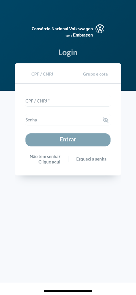 Login screen of the CNVW Volkswagen Consorcio app featuring fields for CPF and password.