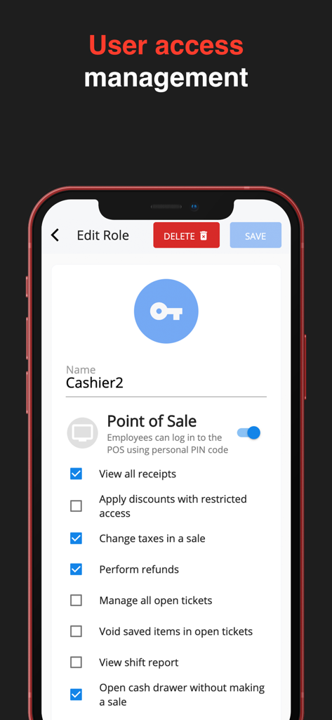 Alto’s POS & Inventory System - Interface d'Alto POS montrant la gestion des accès utilisateur et les paramètres des permissions de rôles des employés