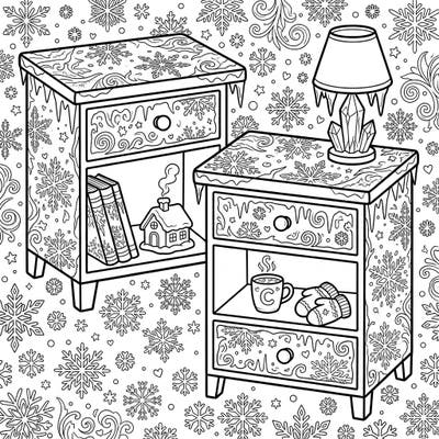 Step into a delightful winter scene with this charming coloring page featuring two intricately decorated nightstands. Adorned with delicate snowflakes and icy accents, it offers a cozy and crisp aesthetic perfect for your next coloring project.