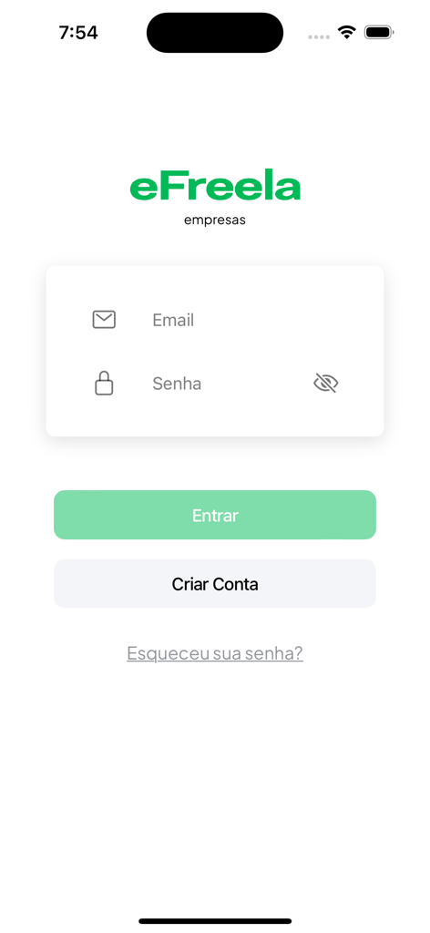 eFreela - Empresas - Login page of the eFreela Empresas app with fields for email and password
