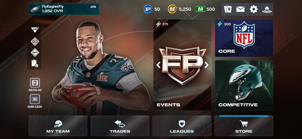 Madden NFL 26 Mobile Football - Menú principal de Madden NFL 26 Mobile mostrando un jugador de los Eagles y selecciones de modo de juego como Eventos y Competitivo