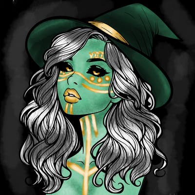realistic witch girl with wavy hair and lips