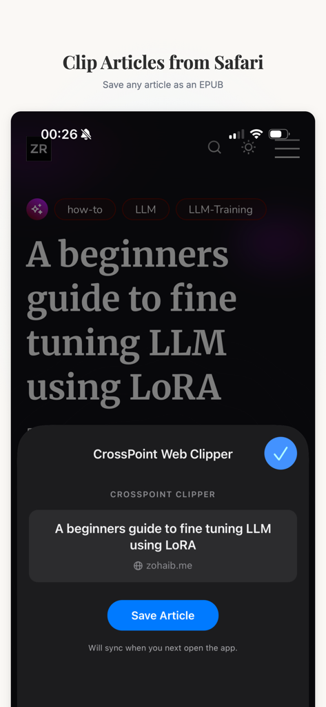 CrossPoint Sync - CrossPoint Web Clipper interface saving a web article as an EPUB from Safari