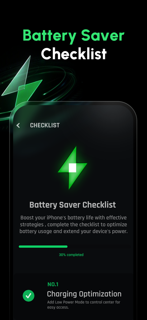 Battery Life Health Doctor Pro - A battery saver checklist screen showing optimization tips and a progress bar for iPhone battery health.