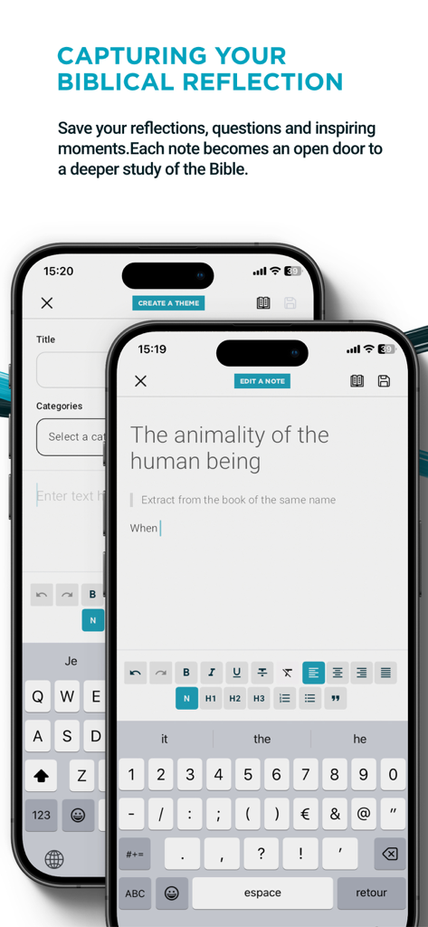 Bible de Yéhoshoua Mashiah - Note taking interface for biblical reflections in the BYM app.