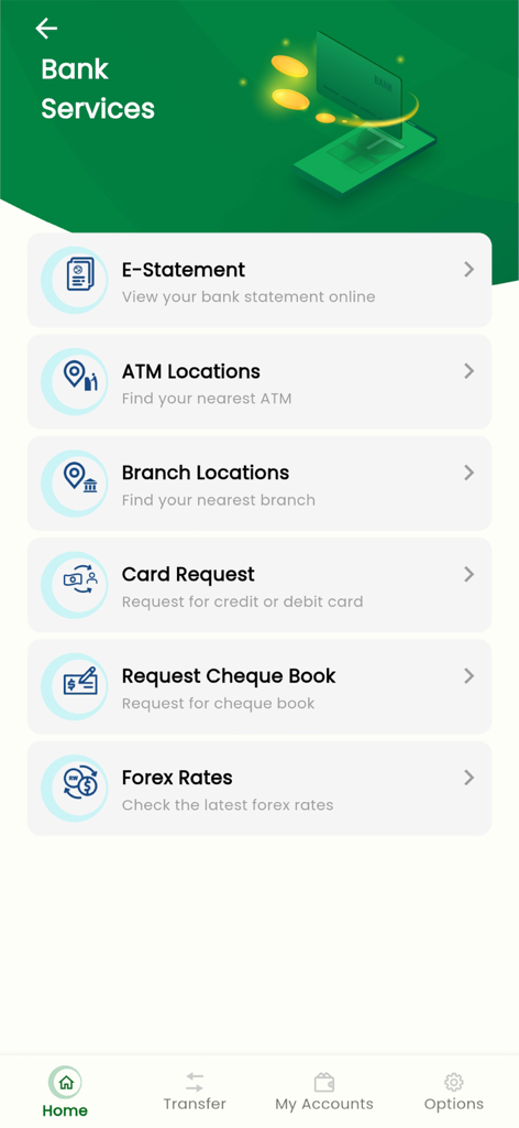MyBOA - RWANDA - Menú de Servicios Bancarios de la aplicación MyBOA Ruanda mostrando opciones para extractos electrónicos, ubicaciones de cajeros automáticos, solicitudes de tarjetas y tipos de cambio.