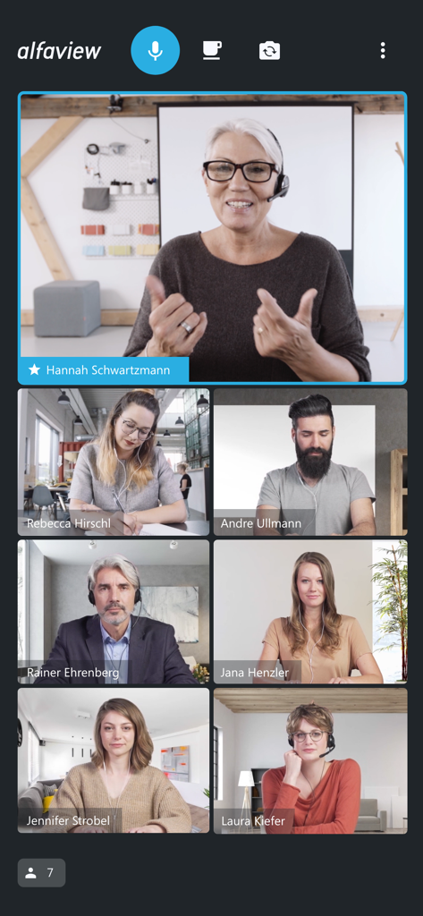 Video conference interface of alfaview app with multiple participants