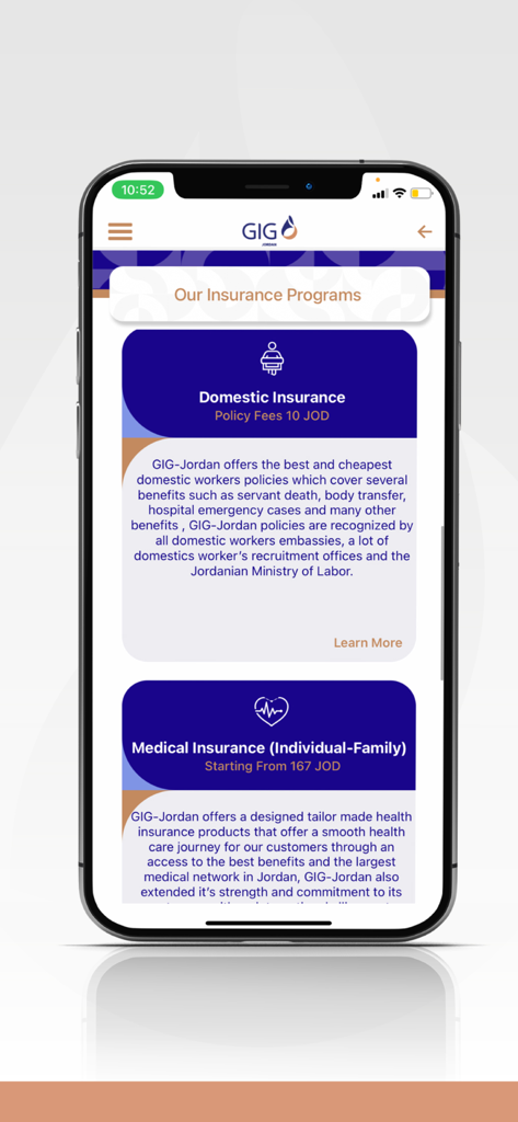 GIG JORDAN - GIG Jordan mobile app interface displaying domestic and medical insurance program options