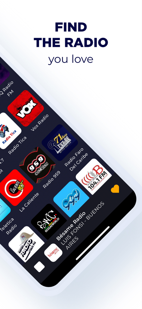 Mobile app screen showing a collection of Costa Rican radio station logos like Vox Radio and Besame