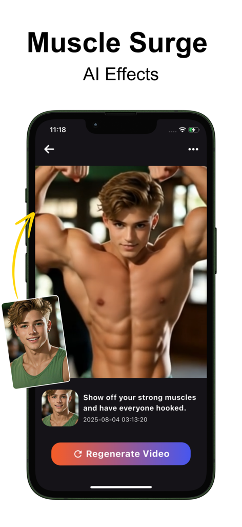 Aureel - Ai Video Generator - Pantalla de smartphone que muestra el efecto de vídeo IA Muscle Surge en la aplicación Aureel