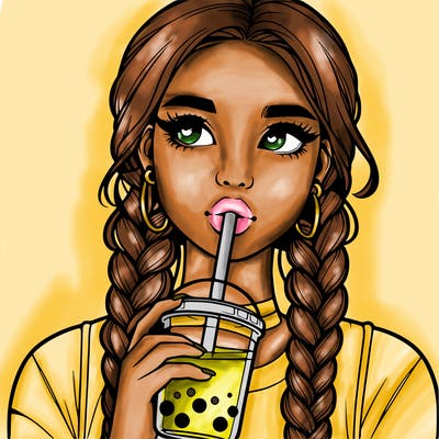realistic girl with braided hair drinking boba