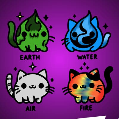 4 cats that represent the different elements, earth, water, air, and fire