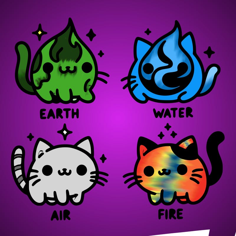 4 cats that represent the different elements, earth, water, air, and fire