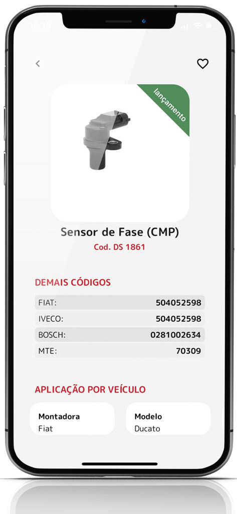 DS Auto - DS Auto app interface showing technical details and cross reference codes for a CMP phase sensor