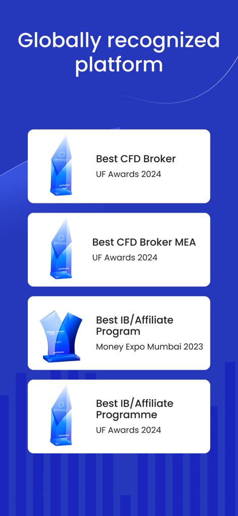 JustMarkets globally recognized trading platform showing multiple industry awards for Best CFD Broker and IB Affiliate Program