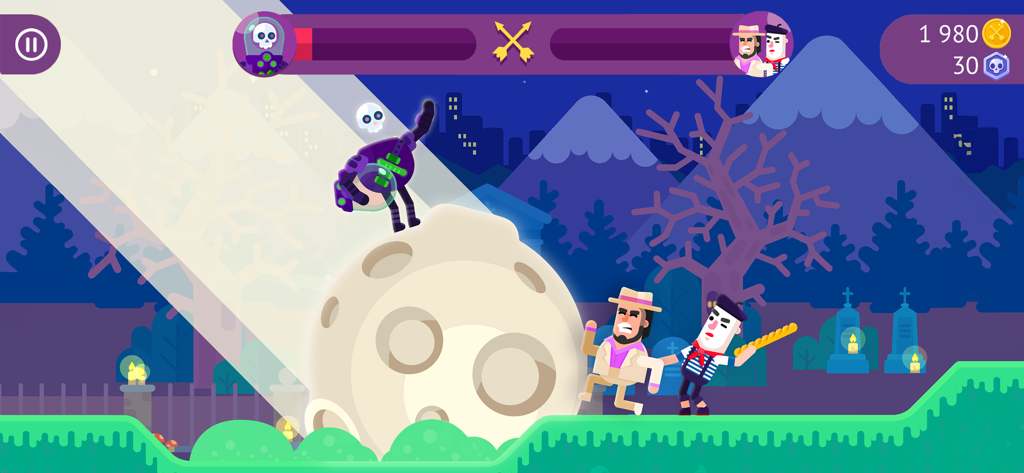 Un duelo de dibujos animados en Bowmasters con personajes únicos en un cementerio con física de ragdoll.