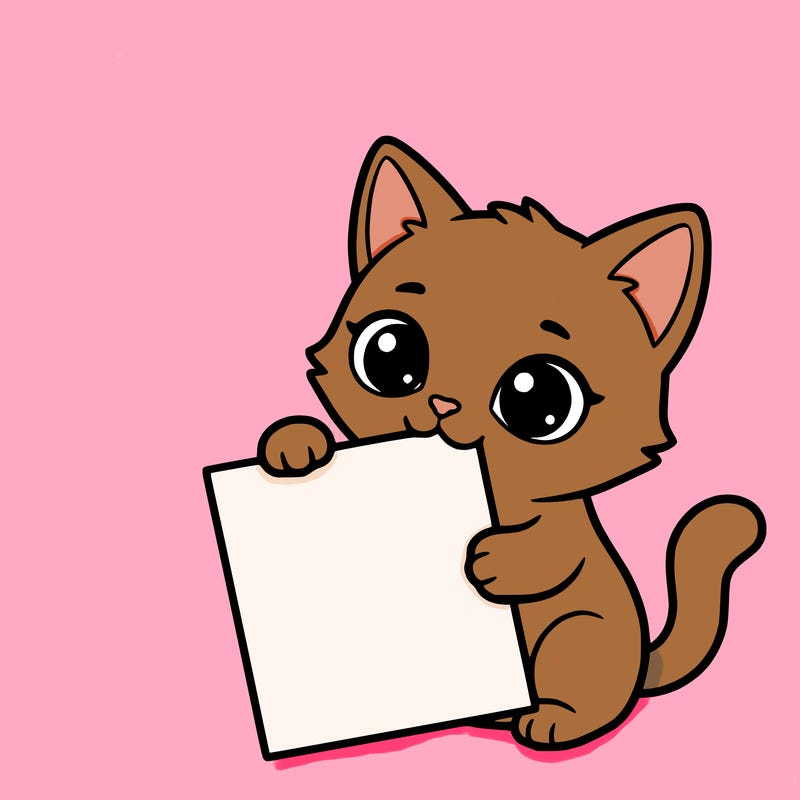 a small cat with a blank sheet of paper in its hand. the cat is sooooooo cute!