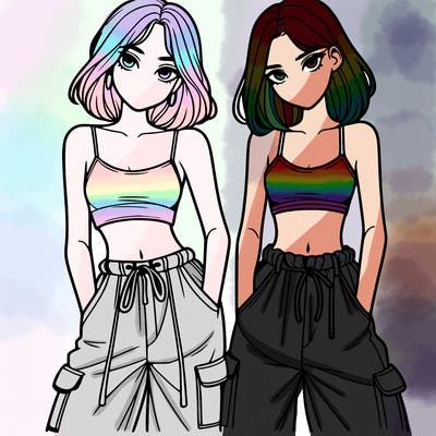 two girls with crop top with baggy pants