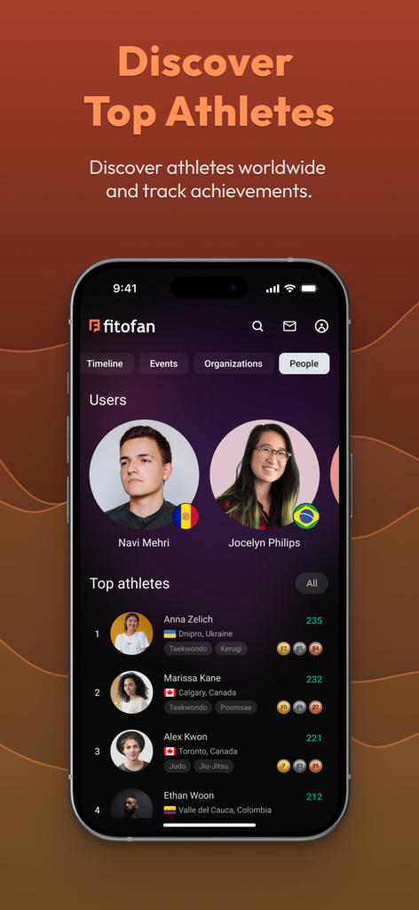 Fitofan - Fitofanアプリのインターフェース。トップアスリートのランキングとメダルの実績を示すリーダーボードが表示されています。