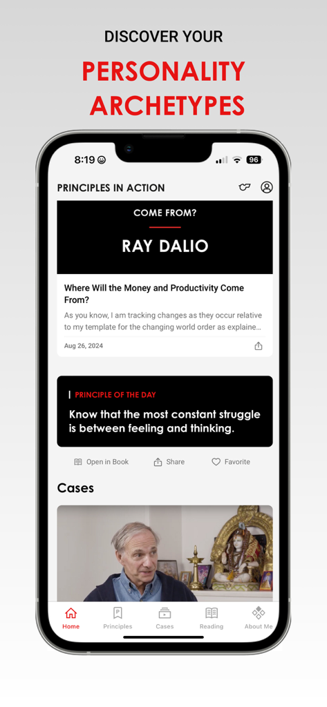 Principles In Action - Principles In Action mobile app home screen showing personality archetypes and Ray Dalio's principles.