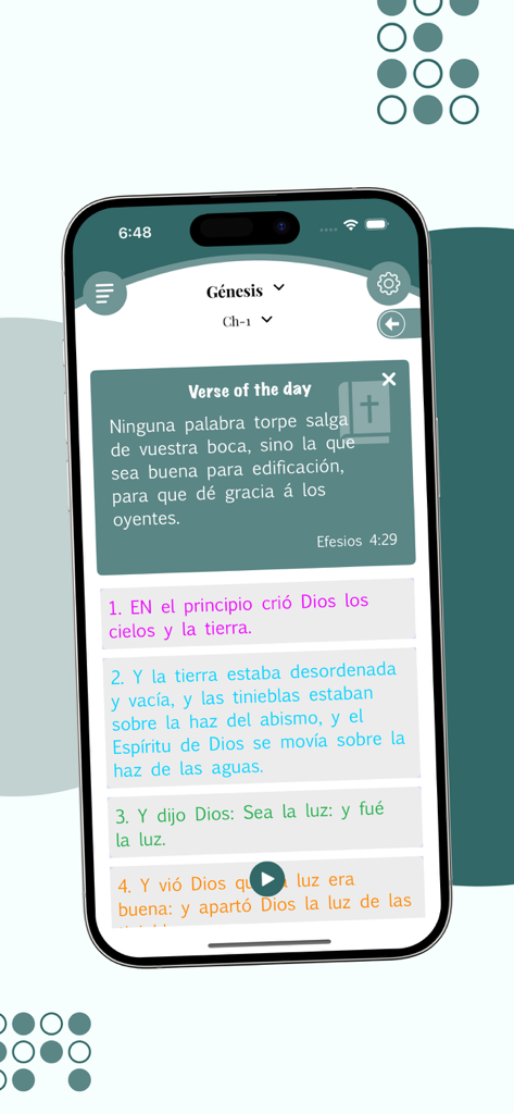La Biblia del Oso 1569 + Audio - La Biblia del Oso 1569 app showing daily verse and color coded scriptures on an iPhone