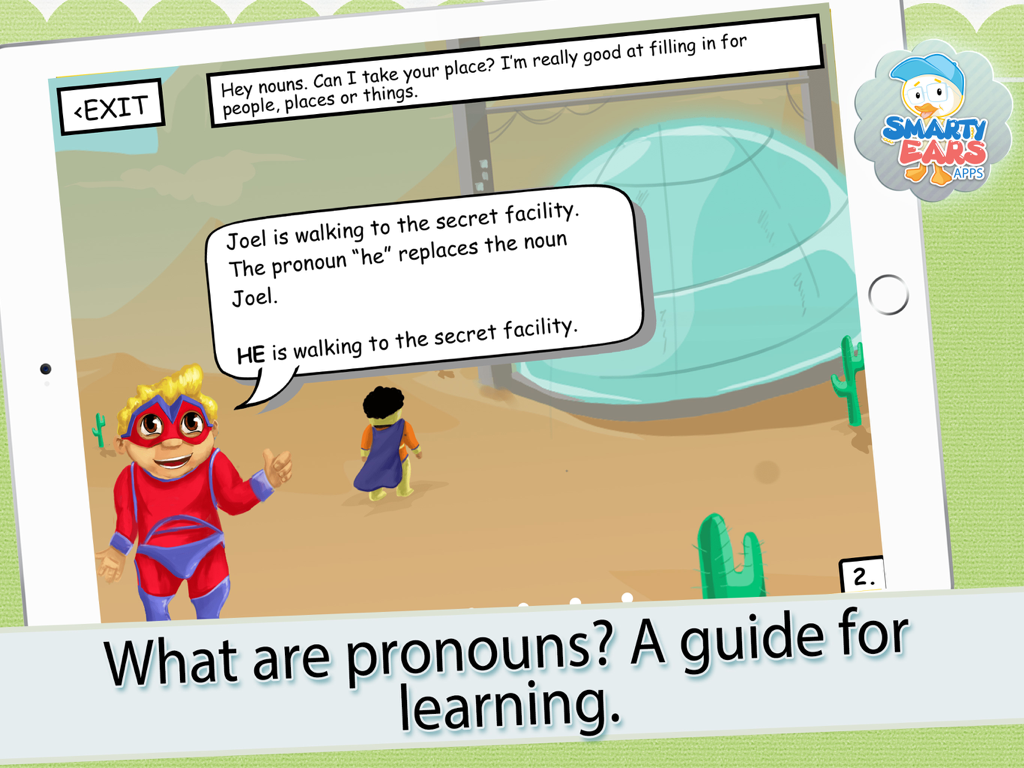Pronoun Heroes - A superhero character in the Pronoun Heroes app explaining how the pronoun he replaces a noun.