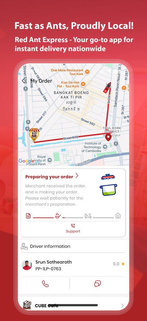 Red Ant Express - Red Ant Express app interface showing real-time delivery tracking on a map with driver details