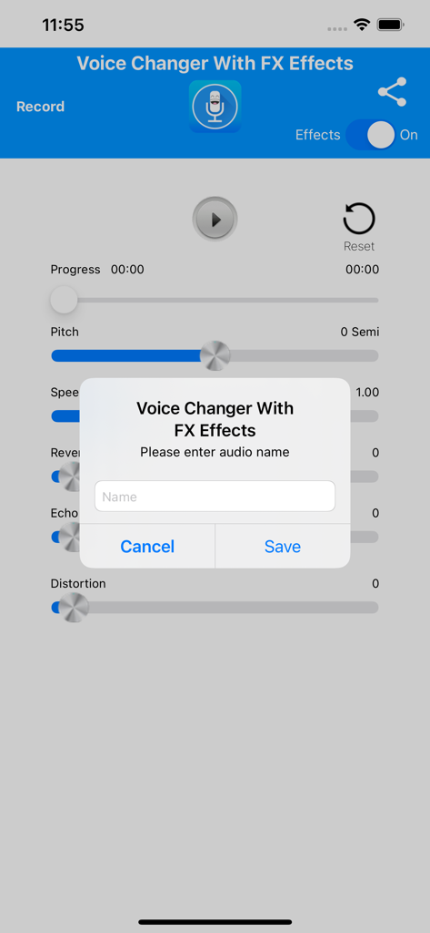 Voice Changer With FX Effects - A tela de edição de áudio do aplicativo Gravador de Voz com Efeitos FX com um prompt para nomear e salvar uma gravação