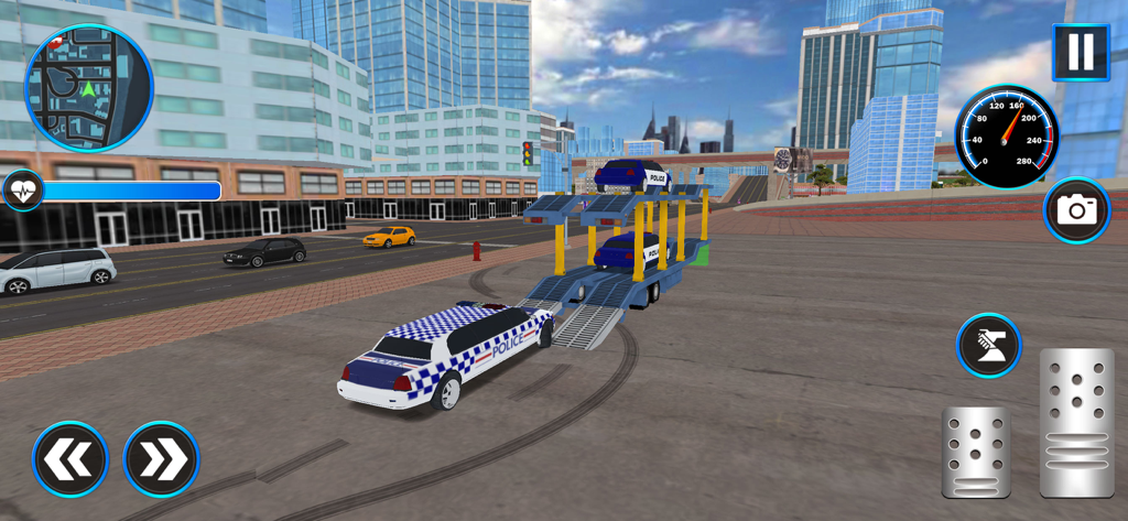 Cargo Plane Truck Transport - Un coche de policía transportando un remolque portavehículos en una simulación de calle de ciudad.