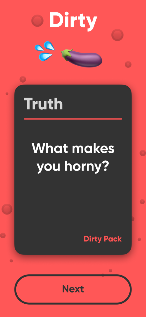 Truth Or Drink Dirty Questions - Interface de l'application Action ou Vérité montrant une carte vérité osée demandant Qu'est-ce qui vous rend excité sur un fond rouge