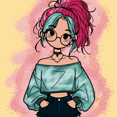 girl with a messy ponytail glasses a baggy crop top and jean shorts