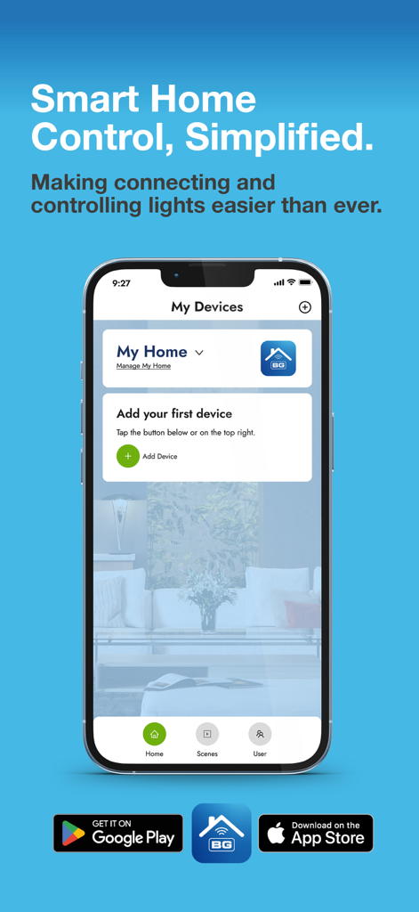 BG Smart - Interfaz de la aplicación BG Smart para el control simplificado de la iluminación del hogar inteligente que muestra la pantalla Mis Dispositivos y el botón Agregar Dispositivo