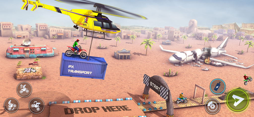Bike Stunt Race Master 2 - 뒤쪽에 추락한 비행기가 있는 사막 경주로 위로 노란 헬리콥터에 의해 운반되는 컨테이너에 있는 오토바이