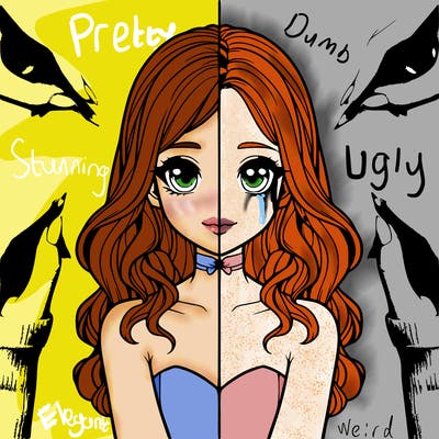 realistic girl split into 2 cemetrical lines