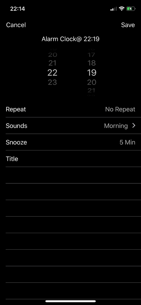 Interfaz para configurar un despertador con selector de hora, opciones de repetición y posposición en modo oscuro.
