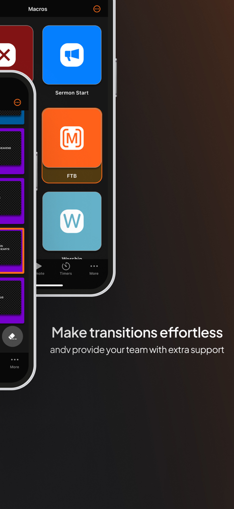 Pantalla de la aplicación ProPresenter Remote que muestra activadores de macros para transiciones de sermones y adoración