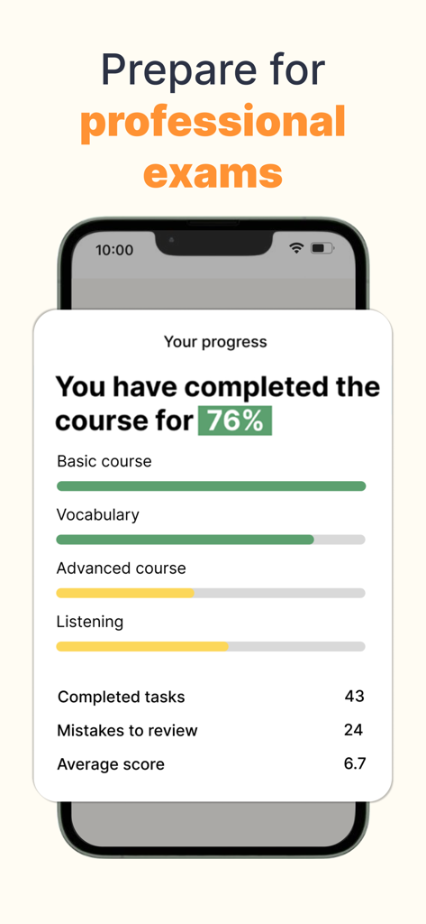 PeakTalk: Job-specific English - Dashboard di monitoraggio dei progressi nell'app PeakTalk che mostra percentuali di completamento del corso e statistiche di apprendimento per la preparazione agli esami professionali.