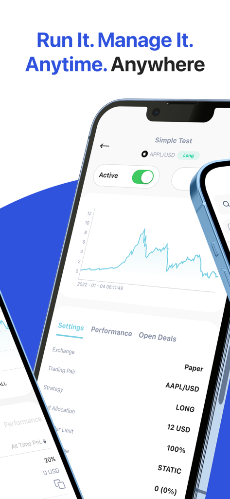 StockHero: Smart Trading Bot - StockHero app dashboard showing a trading bot performance chart and settings for AAPL stock