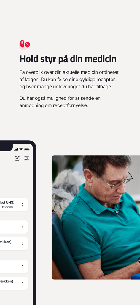 MinSundhed app interface for managing prescriptions and tracking medicine
