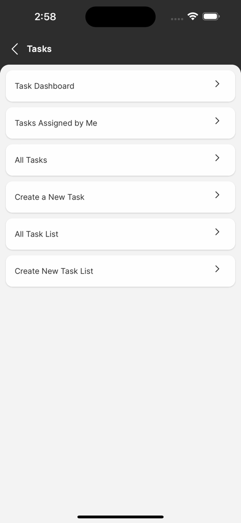 Task management menu in the OnTheJob app showing options like Task Dashboard and Create a New Task