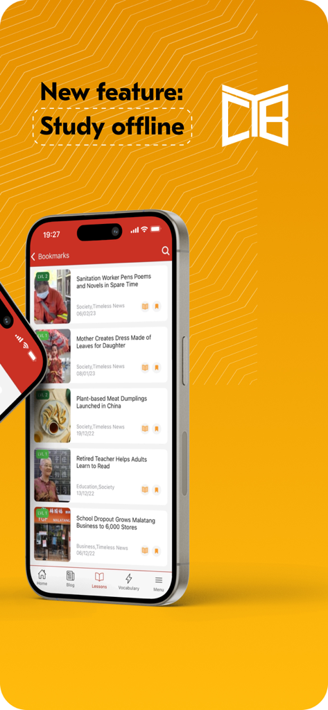 The Chairman's Bao app interface showcasing the new offline study mode and bookmarked lessons.