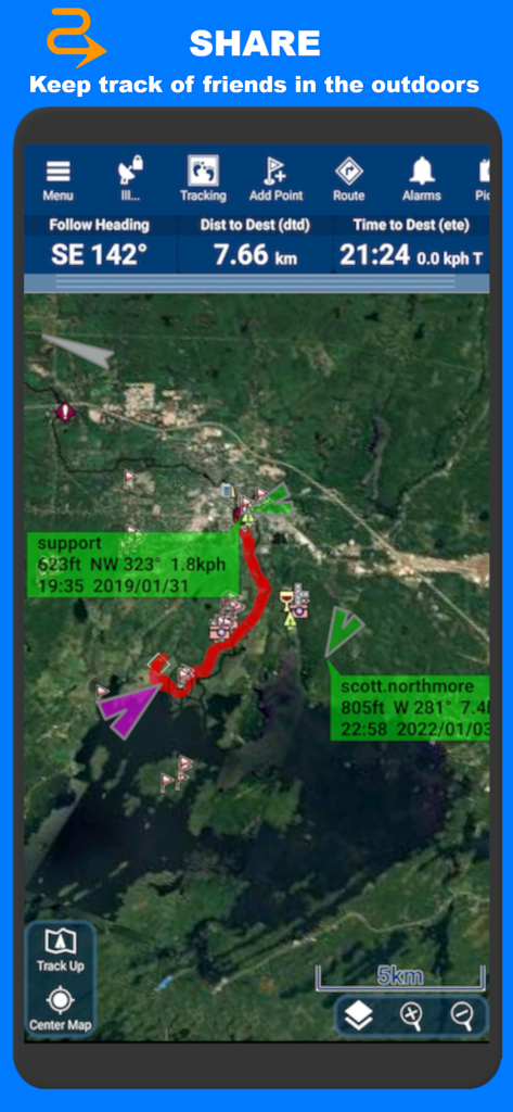 PathAway Outdoor Navigation - Real-time location sharing and friend tracking on a satellite map in PathAway navigation